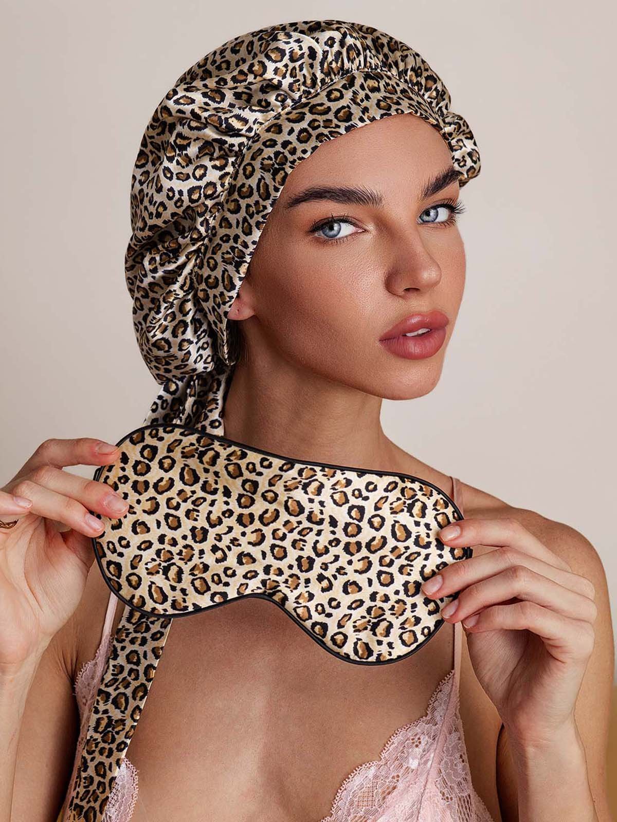 Pure Silk Leopard Pattern Bonnet+Eye Mask Set