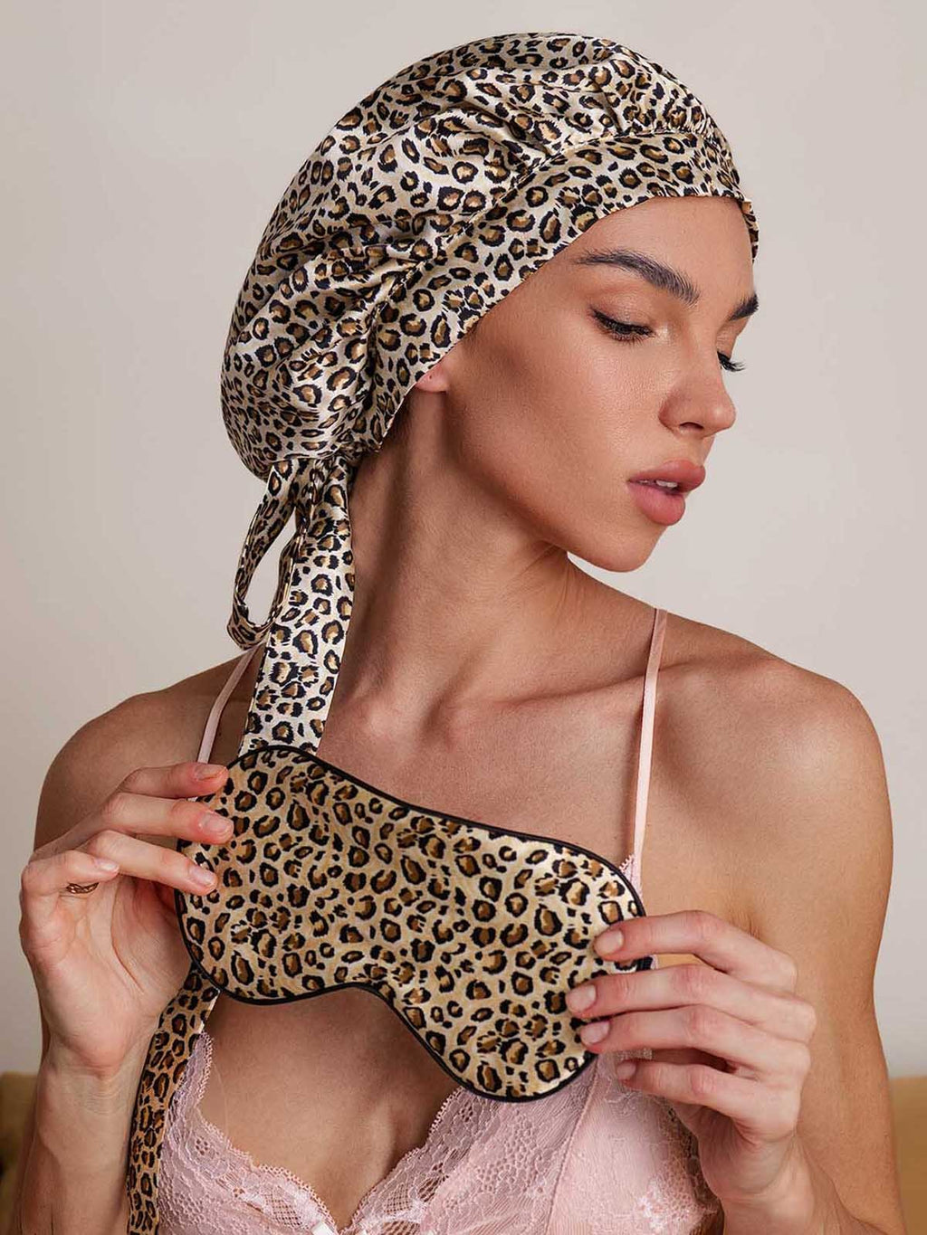 Pure Silk Leopard Pattern Bonnet+Eye Mask Set
